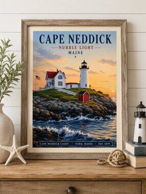 Cape Neddick Nubble Light Maine Vintage Travel Poster 12x16 Coastal Wall Art